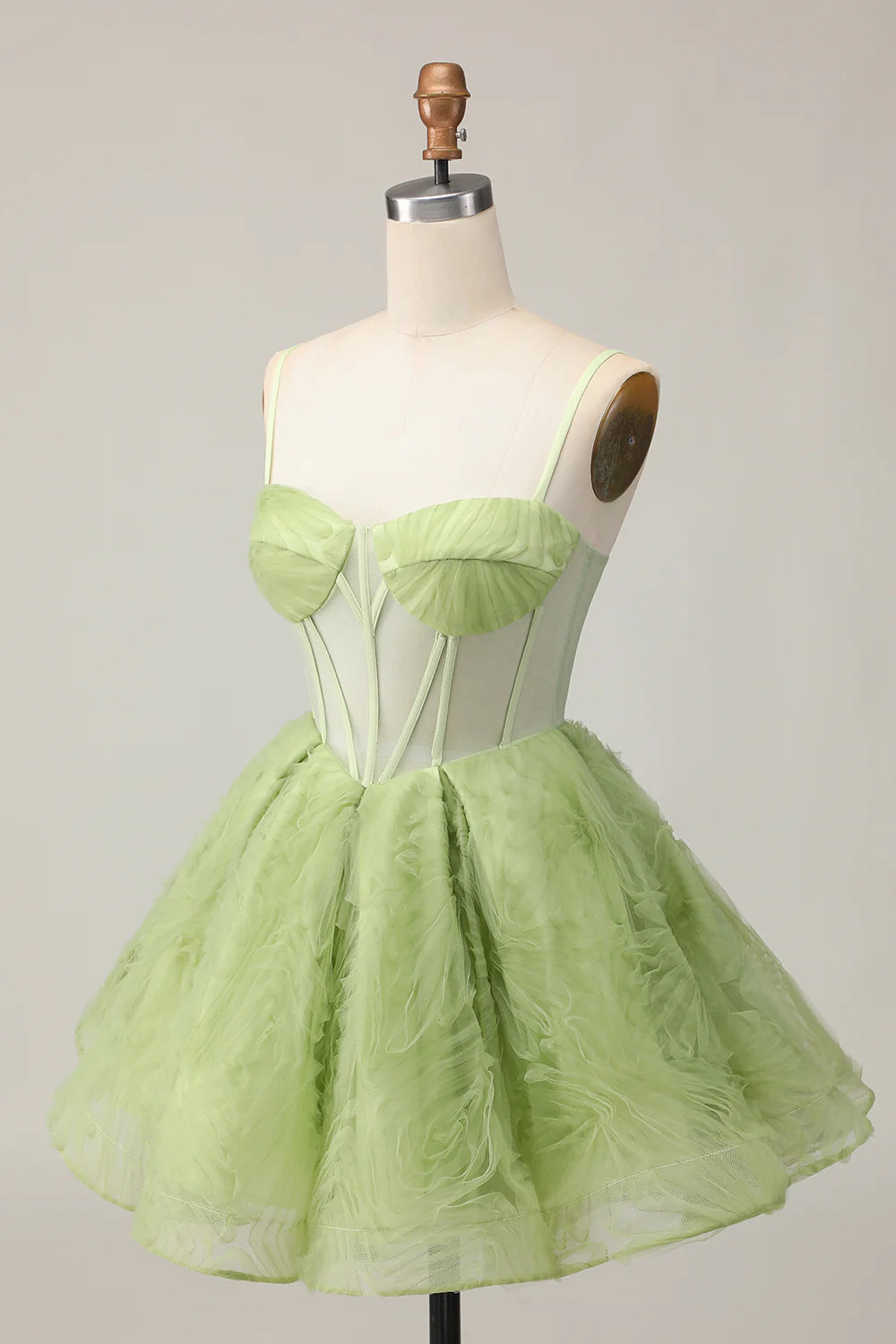Green Spaghetti Straps A Line Strapless Sheer Corset Ruched Short Homecoming Party Dress