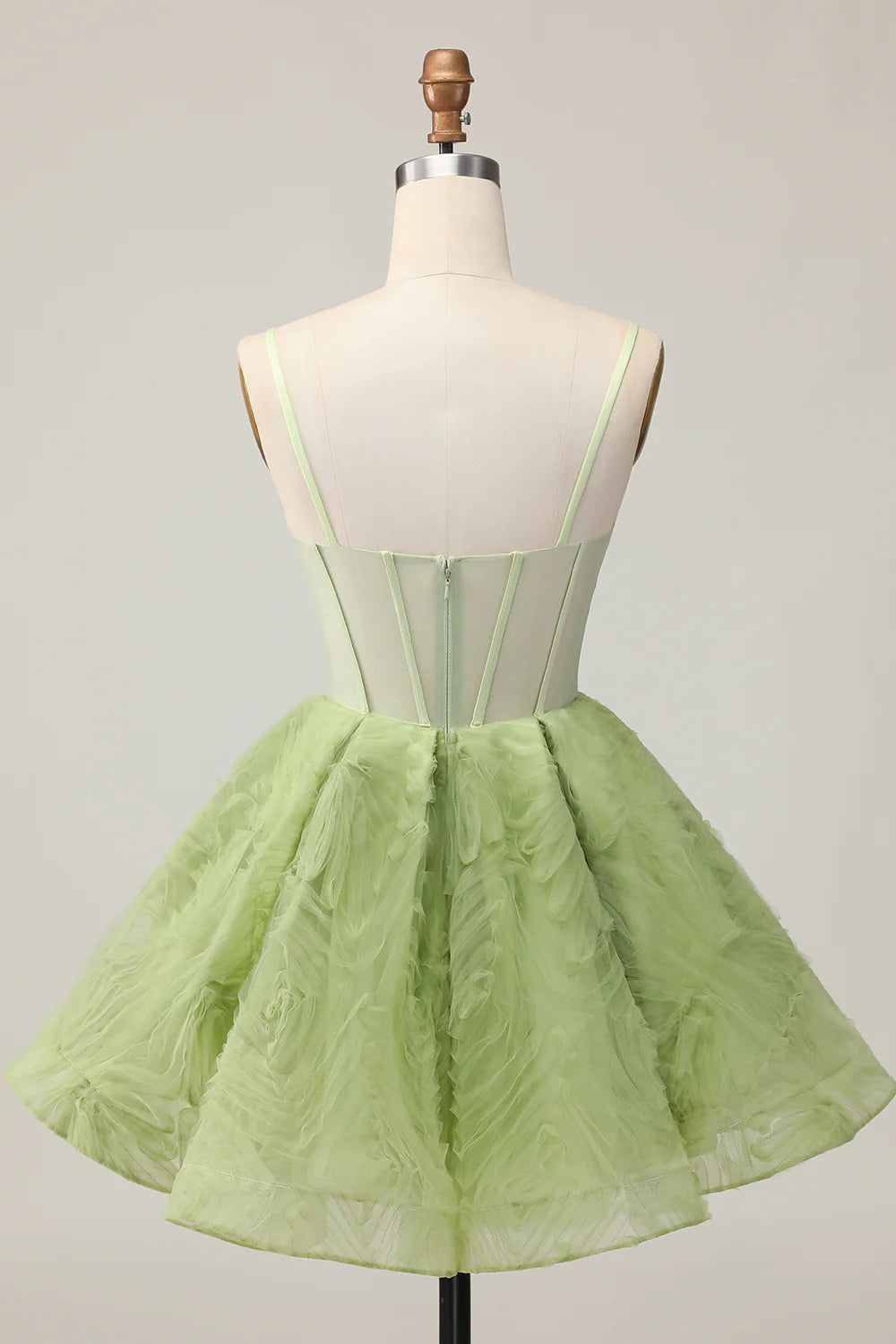 Green Spaghetti Straps A Line Strapless Sheer Corset Ruched Short Homecoming Party Dress