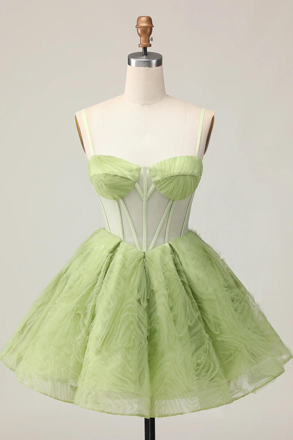 Green Spaghetti Straps A Line Strapless Sheer Corset Ruched Short Homecoming Party Dress