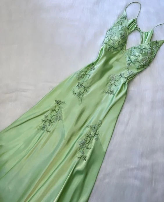 Green Spaghetti Straps V Neck Backless Long Prom Dress Evening Dress Formal Dress