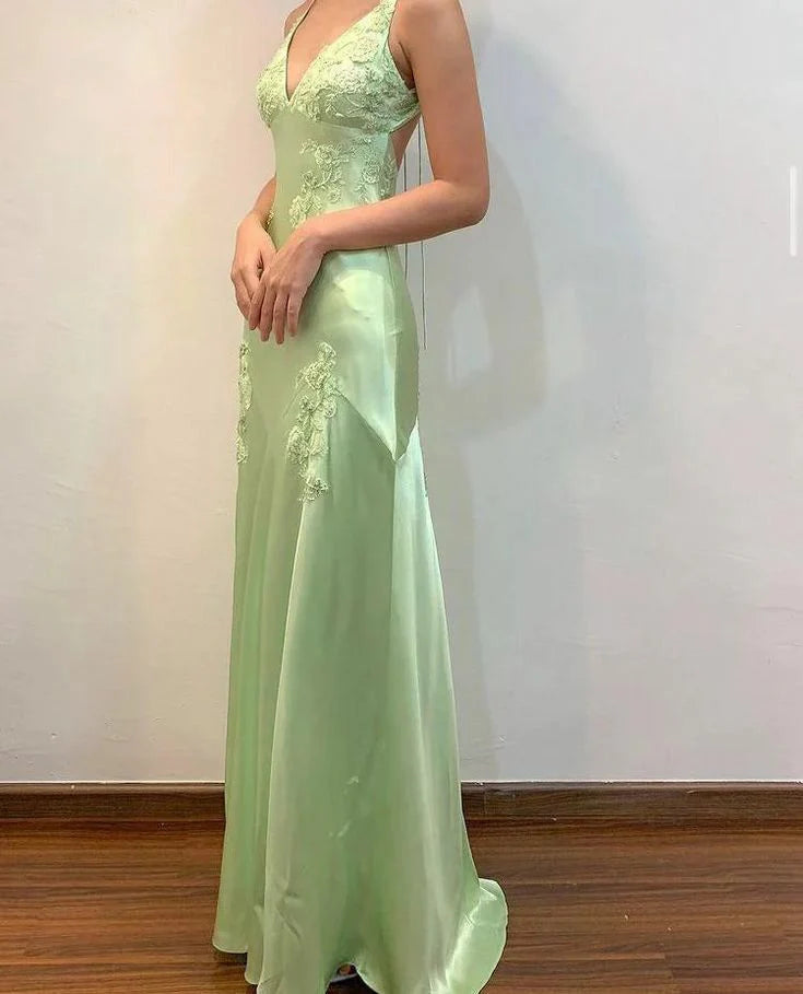 Green Spaghetti Straps V Neck Backless Long Prom Dress Evening Dress Formal Dress