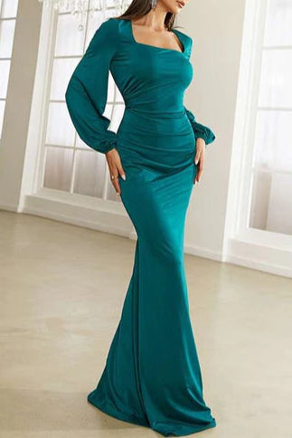 Green Square Neck Long Sleeves Mermaid Floor Length Formal Gown Green Evening Dress
