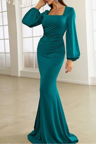 Green Square Neck Long Sleeves Mermaid Floor Length Formal Gown Green Evening Dress
