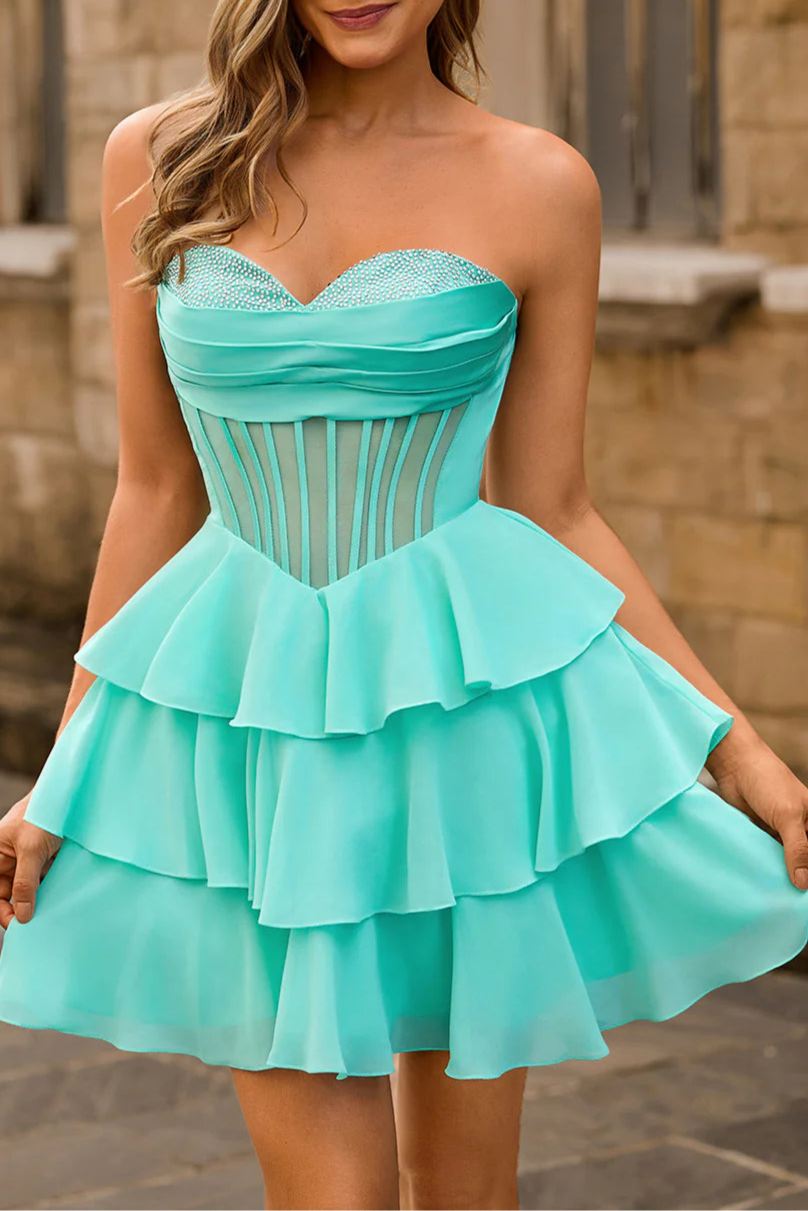 Green Strapless Sweetheart Collar A Line Corset Homecoming Dress Evening Dress With Beading