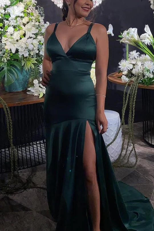 Green Straps Mermaid V-Neck Satin Long Formal Prom Dress with Slit