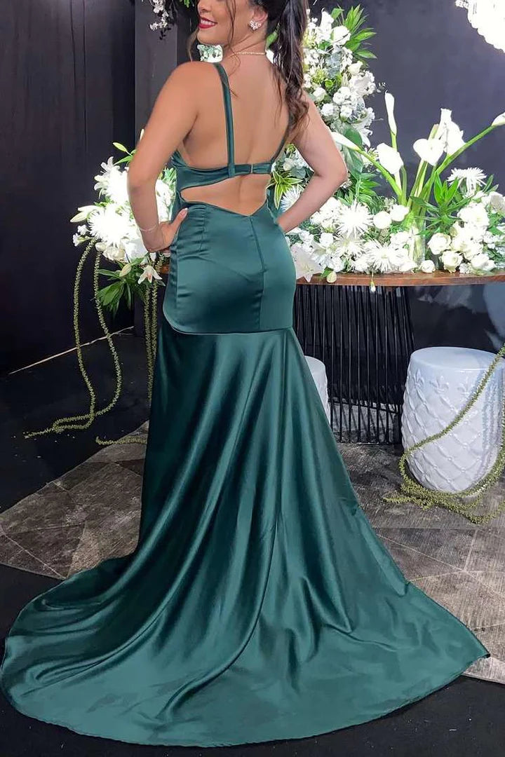 Green Straps Mermaid V-Neck Satin Long Formal Prom Dress with Slit