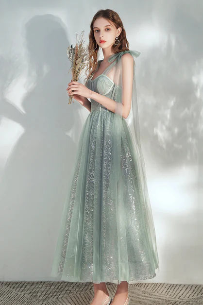 Green Tulle A-Line Ankle Length with Sequins Prom Dress Homecoming Dress Formal Dress