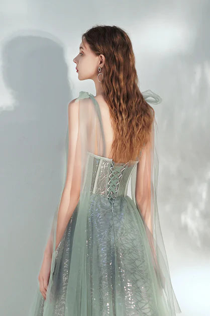 Green Tulle A-Line Ankle Length with Sequins Prom Dress Homecoming Dress Formal Dress