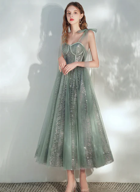 Green Tulle A-Line Ankle Length with Sequins Prom Dress Homecoming Dress Formal Dress