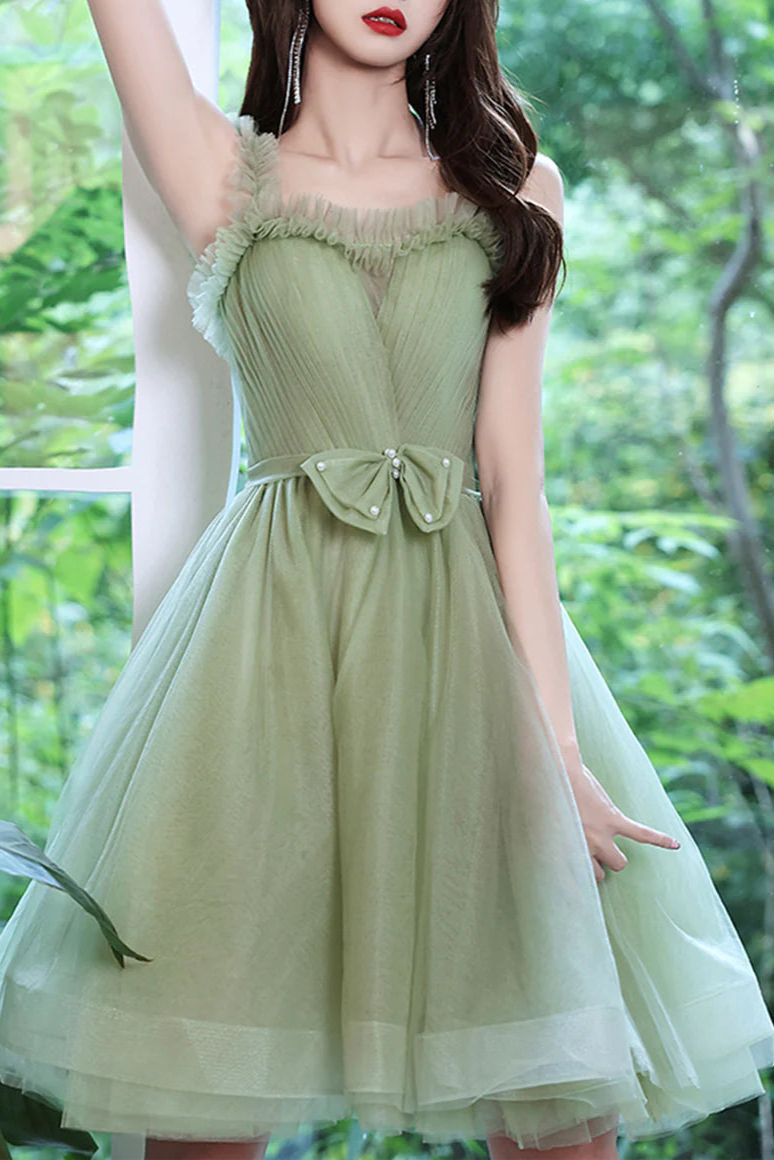 Green Tulle Beaded Flowers Straps Short Prom Dress A-Line Homecoming Party Dress With Bow