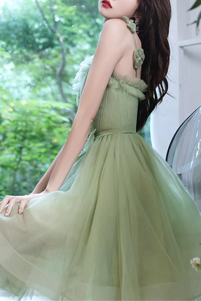 Green Tulle Beaded Flowers Straps Short Prom Dress A-Line Homecoming Party Dress With Bow