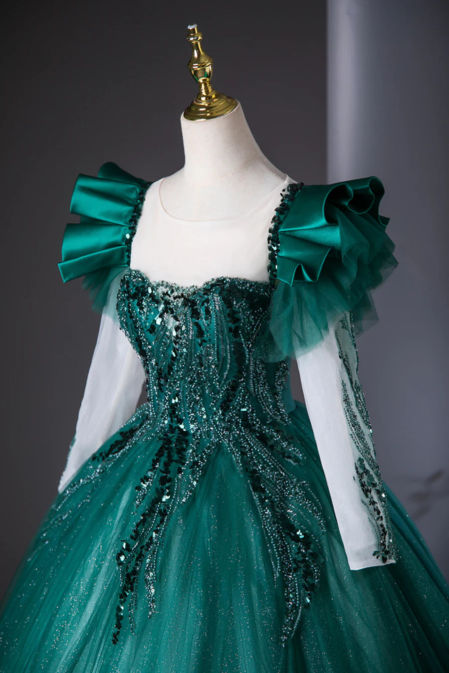 Green Tulle Beads Applique Long Sleeve A-Line Long Prom Dress Formal Party Dress