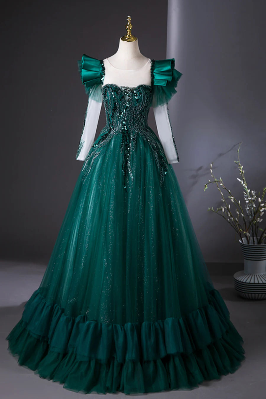 Green Tulle Beads Applique Long Sleeve A-Line Long Prom Dress Formal Party Dress