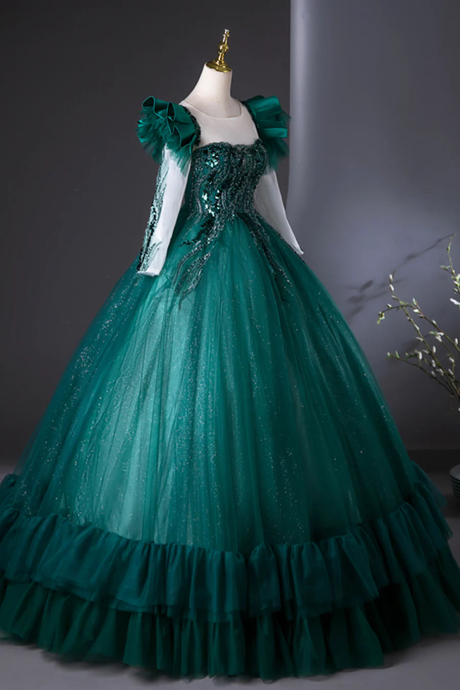 Green Tulle Beads Applique Long Sleeve A-Line Long Prom Dress Formal Party Dress