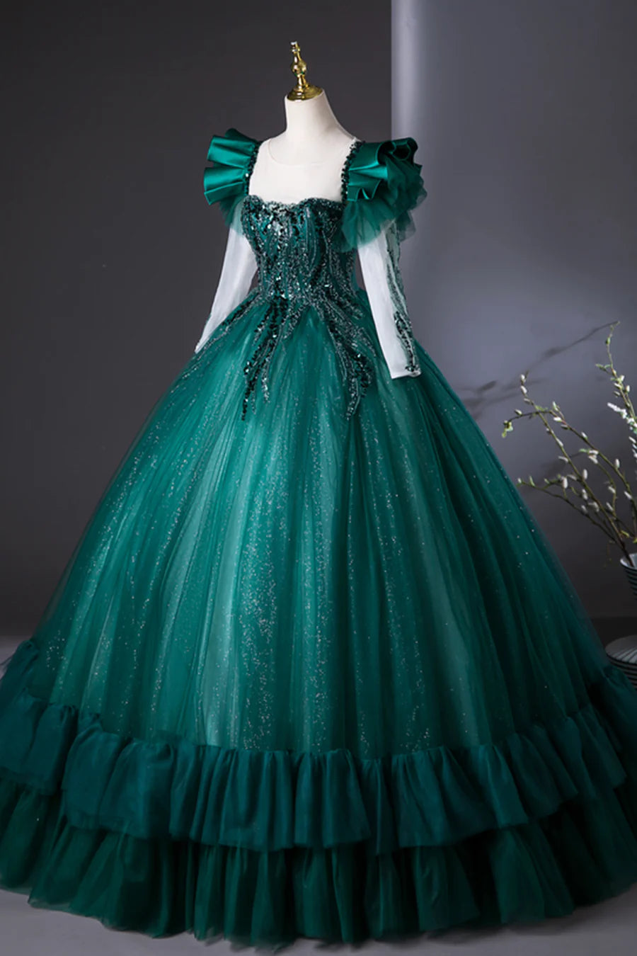 Green Tulle Beads Applique Long Sleeve A-Line Long Prom Dress Formal Party Dress