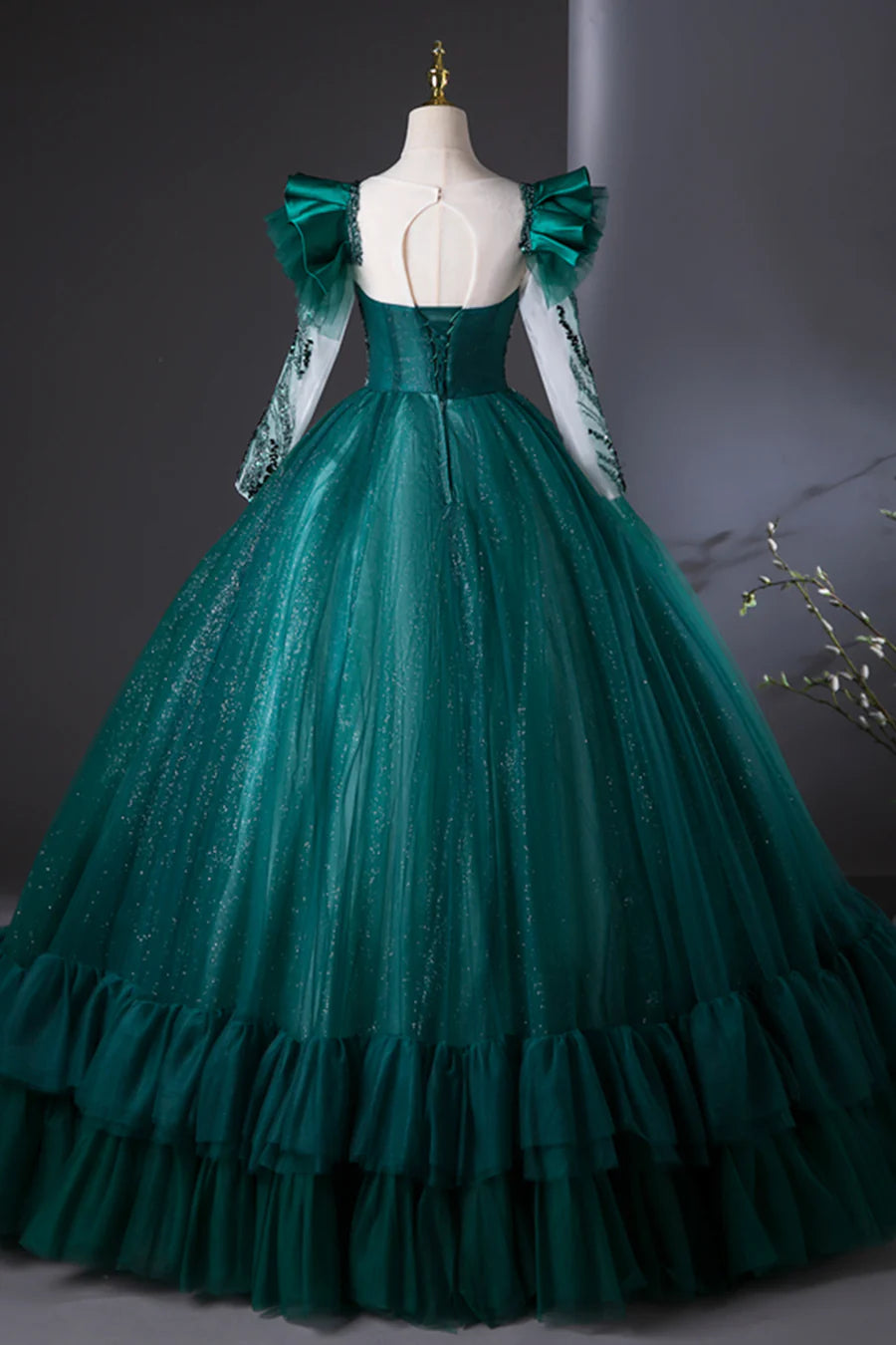Green Tulle Beads Applique Long Sleeve A-Line Long Prom Dress Formal Party Dress