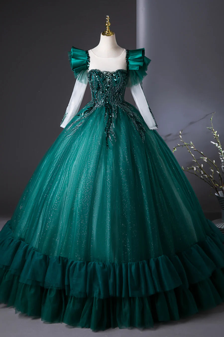 Green Tulle Beads Applique Long Sleeve A-Line Long Prom Dress Formal Party Dress