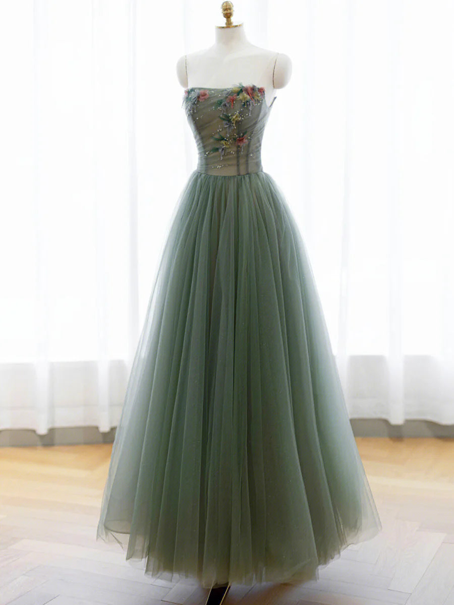 Green Tulle Floral Lace A-Line Long Prom Dress Evening Party Dress