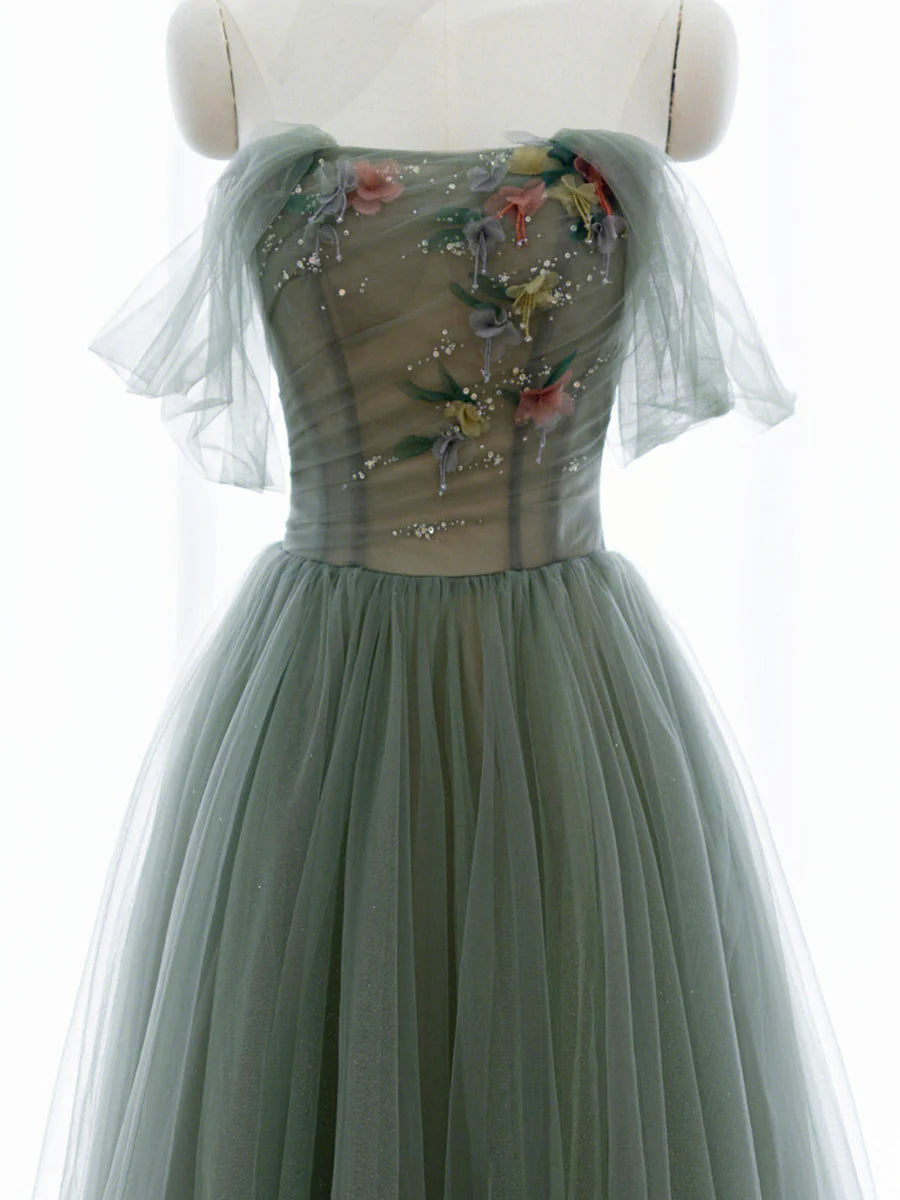 Green Tulle Floral Lace A-Line Long Prom Dress Evening Party Dress