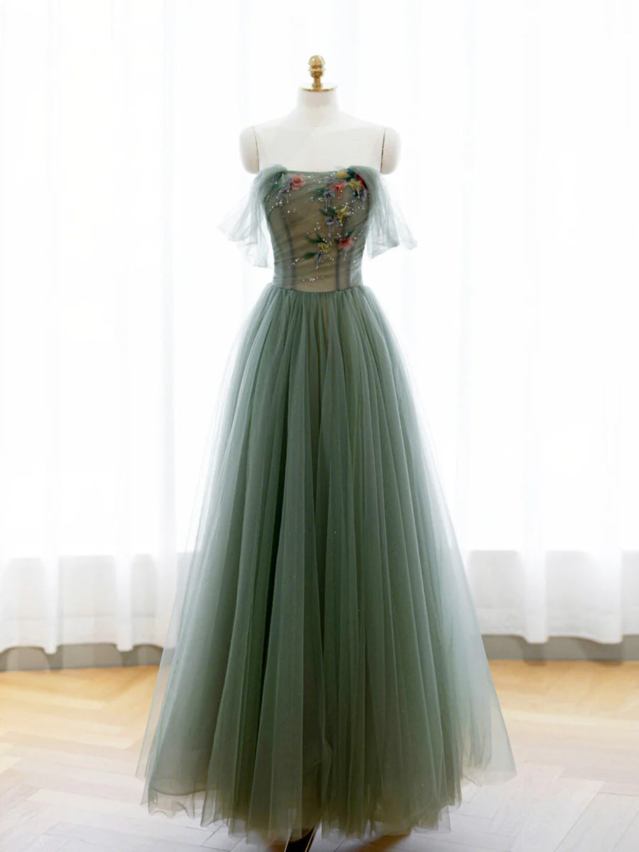 Green Tulle Floral Lace A-Line Long Prom Dress Evening Party Dress