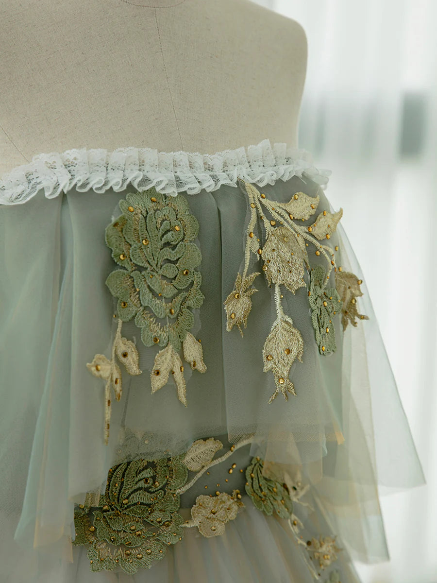 Green Tulle Floral Lace Off Shoulder Long Prom Dress Green Evening Party Dress