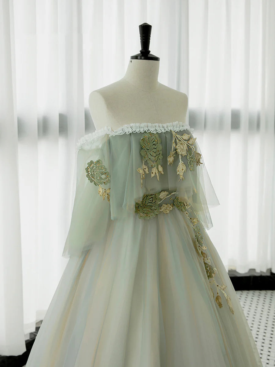 Green Tulle Floral Lace Off Shoulder Long Prom Dress Green Evening Party Dress