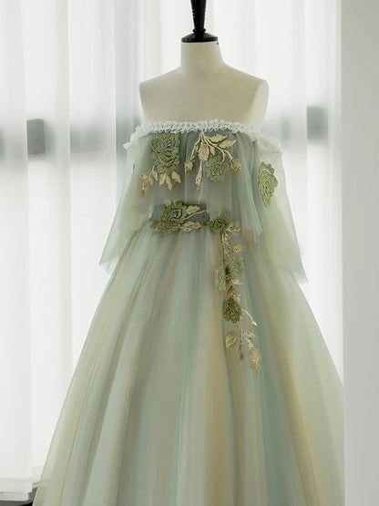 Green Tulle Floral Lace Off Shoulder Long Prom Dress Green Evening Party Dress