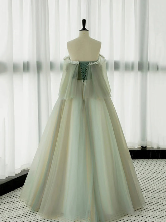 Green Tulle Floral Lace Off Shoulder Long Prom Dress Green Evening Party Dress