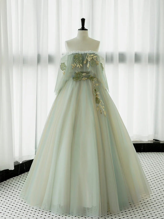 Green Tulle Floral Lace Off Shoulder Long Prom Dress Green Evening Party Dress