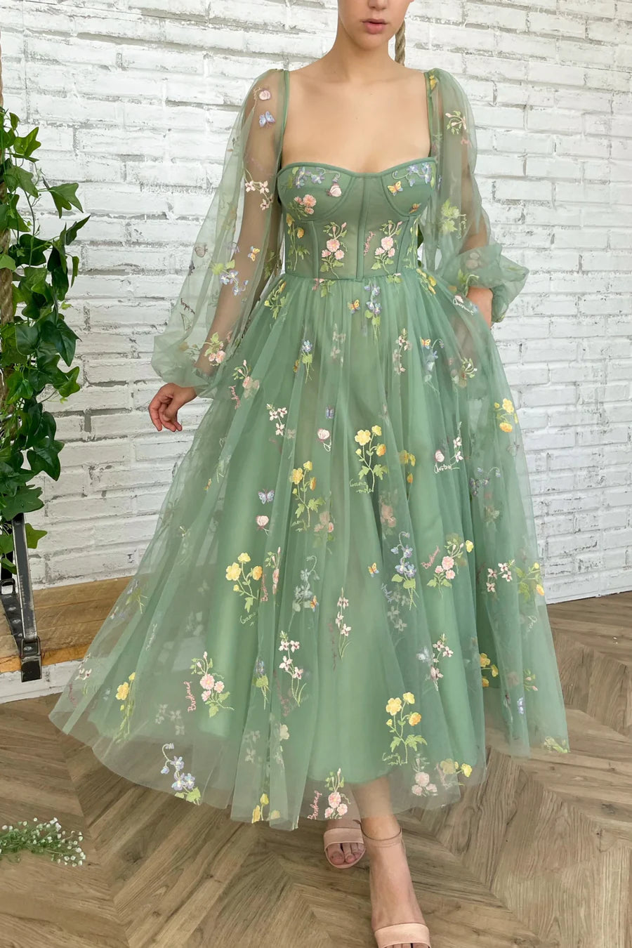 Green Tulle Lace Floral Long sleeve A-Line Prom Dress Homecoming Dress