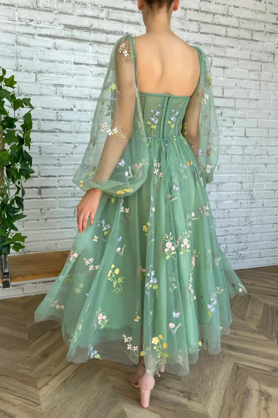 Green Tulle Lace Floral Long sleeve A-Line Prom Dress Homecoming Dress