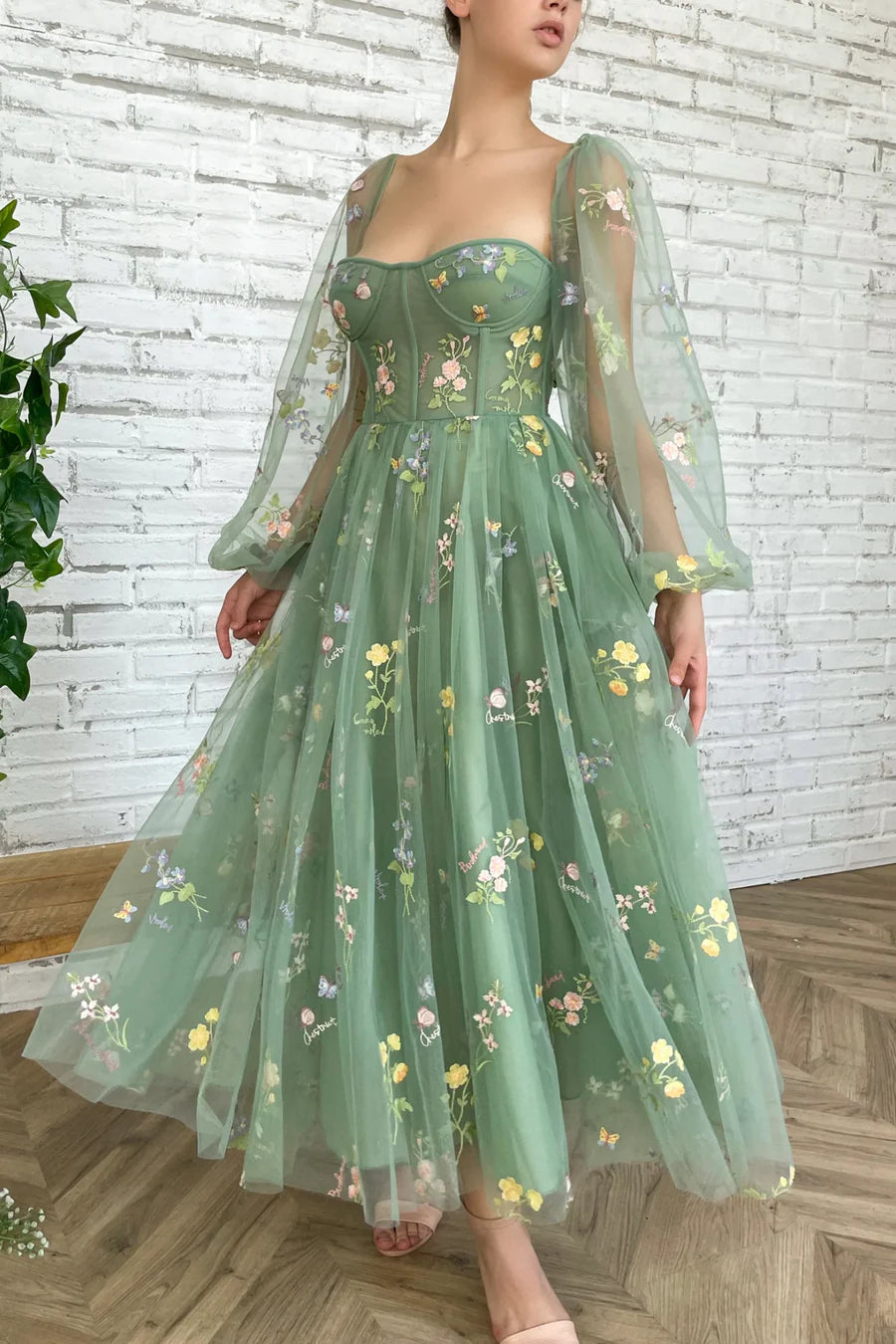 Green Tulle Lace Floral Long sleeve A-Line Prom Dress Homecoming Dress