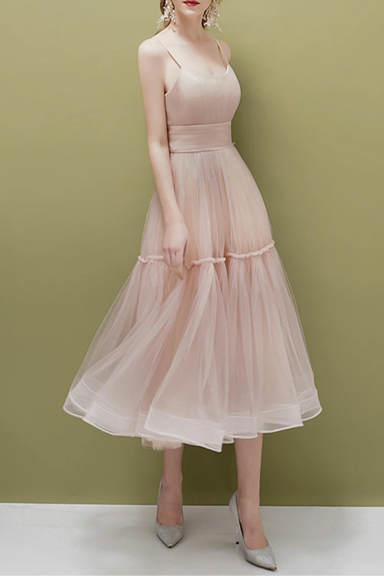 Green Tulle Pleated Round Neck Spaghetti Strap A-Line Mid-length Prom Dress Homecoming Dress