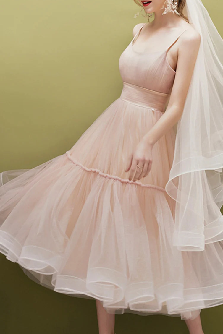 Green Tulle Pleated Round Neck Spaghetti Strap A-Line Mid-length Prom Dress Homecoming Dress