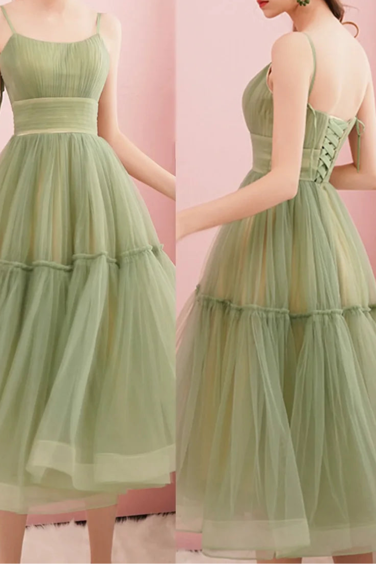 Green Tulle Pleated Round Neck Spaghetti Strap A-Line Mid-length Prom Dress Homecoming Dress