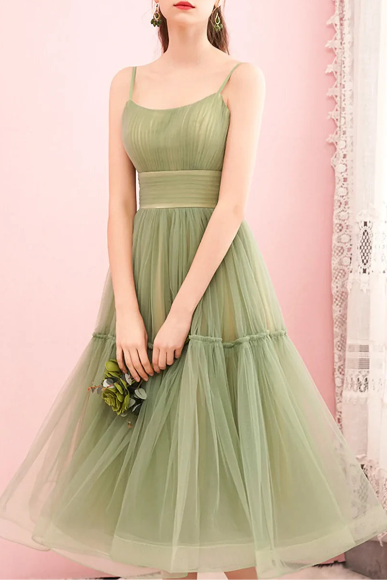Green Tulle Pleated Round Neck Spaghetti Strap A-Line Mid-length Prom Dress Homecoming Dress