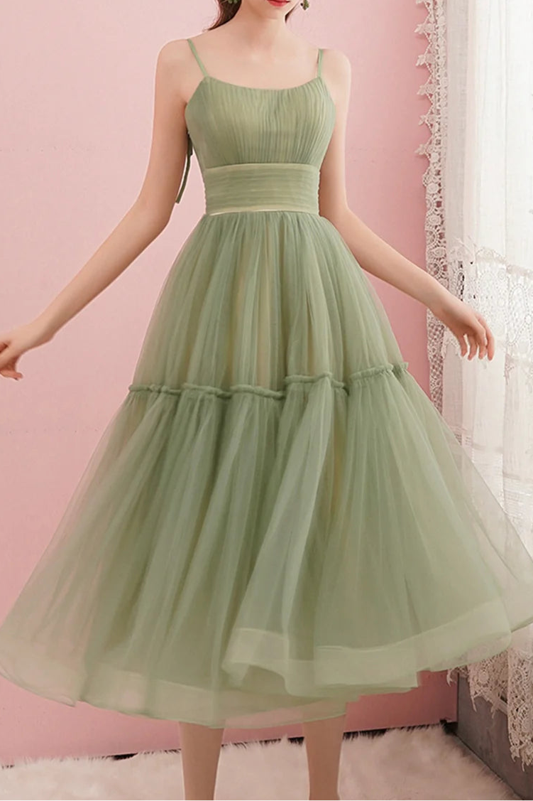 Green Tulle Pleated Round Neck Spaghetti Strap A-Line Mid-length Prom Dress Homecoming Dress