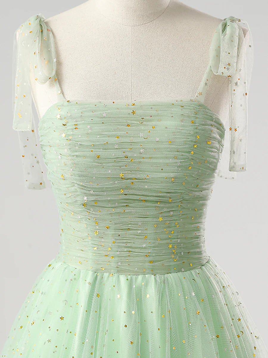 Green Tulle Pleated Spaghetti Strap A-Line Corset Long Prom Dress Evening Party Dress