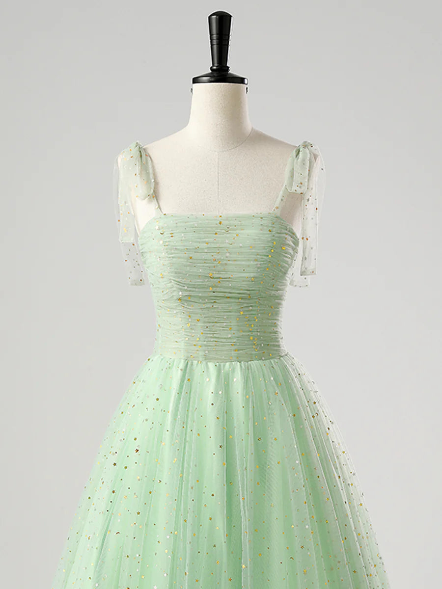 Green Tulle Pleated Spaghetti Strap A-Line Corset Long Prom Dress Evening Party Dress