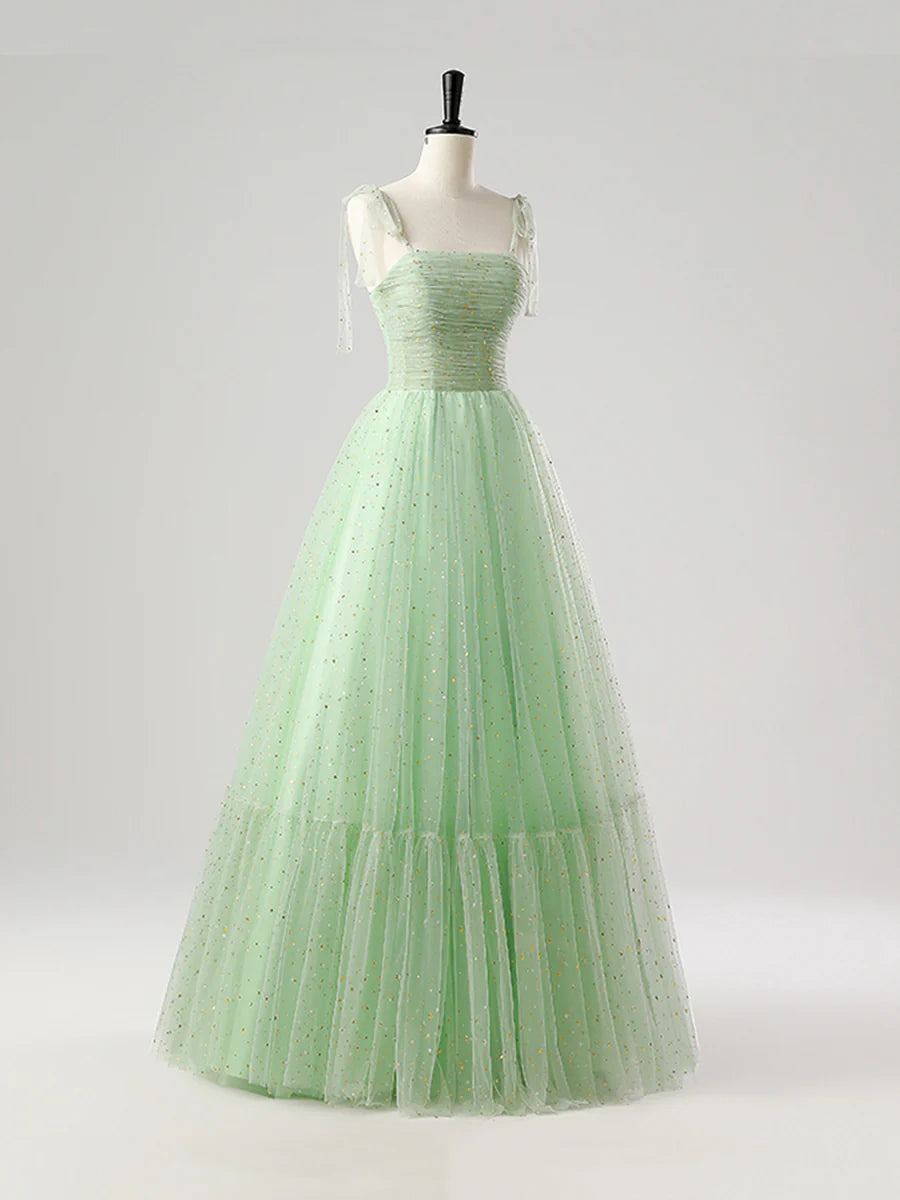 Green Tulle Pleated Spaghetti Strap A-Line Corset Long Prom Dress Evening Party Dress