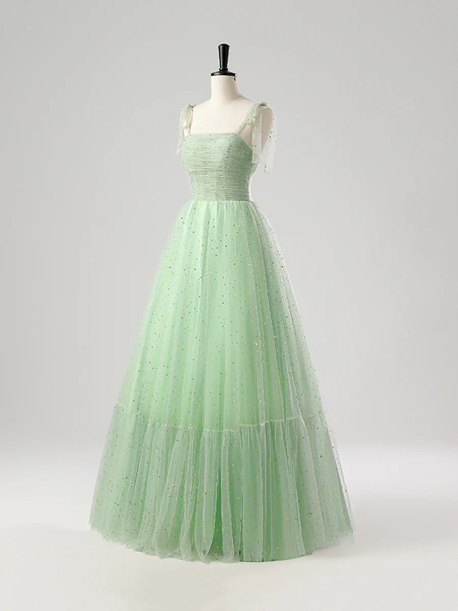 Green Tulle Pleated Spaghetti Strap A-Line Corset Long Prom Dress Evening Party Dress