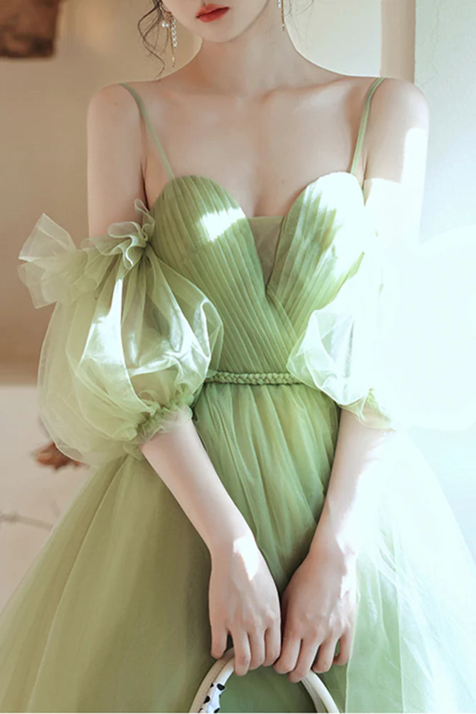 Green Tulle Pleated Sweetheart Spaghetti Straps A-Line Short Prom Dress Mini Homecoming Party Dress