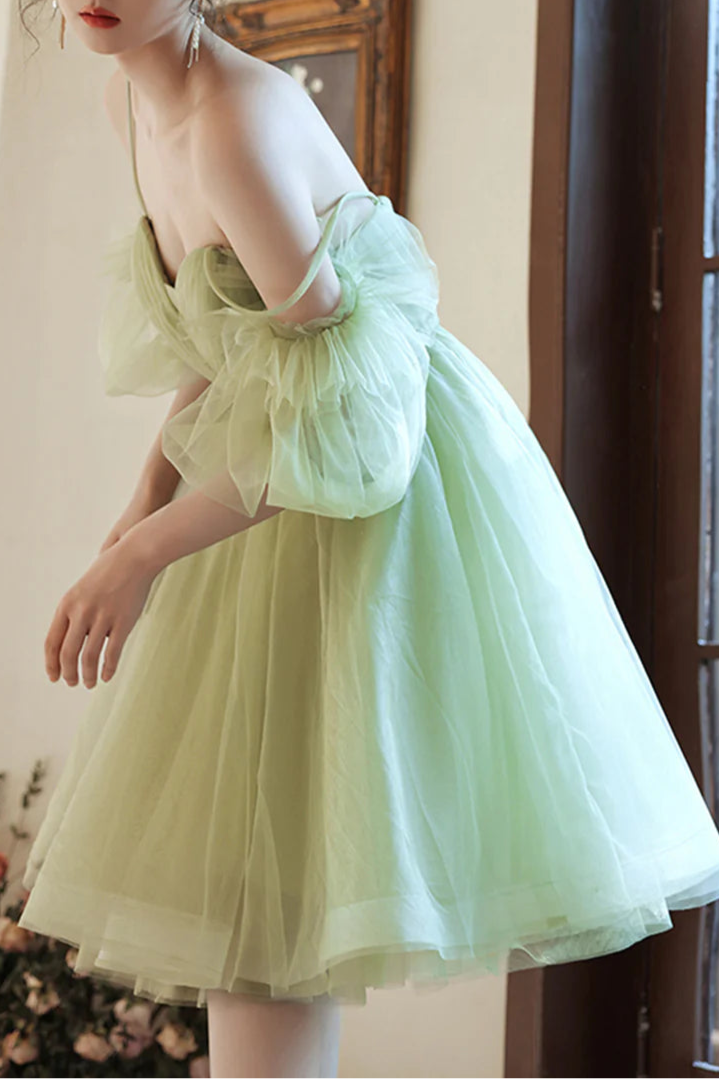 Green Tulle Pleated Sweetheart Spaghetti Straps A-Line Short Prom Dress Mini Homecoming Party Dress