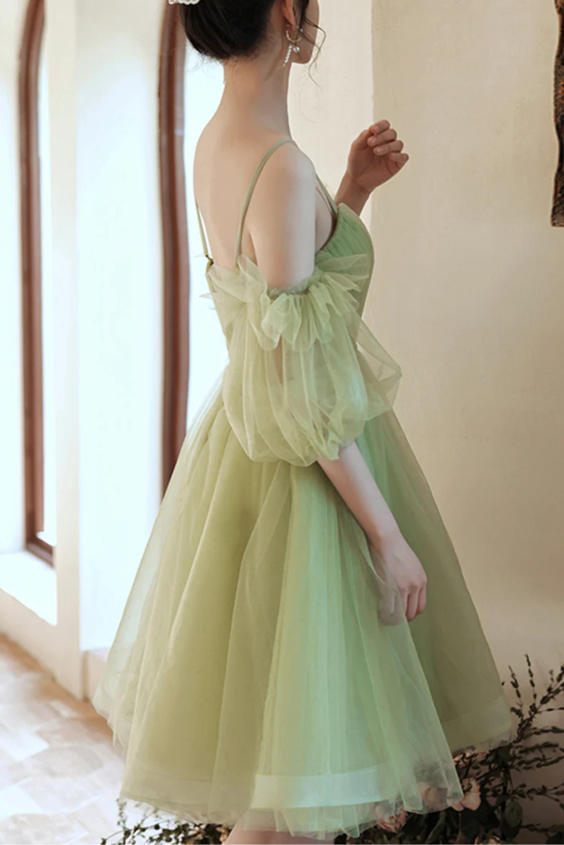 Green Tulle Pleated Sweetheart Spaghetti Straps A-Line Short Prom Dress Mini Homecoming Party Dress