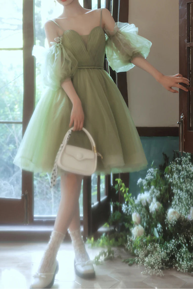 Green Tulle Pleated Sweetheart Spaghetti Straps A-Line Short Prom Dress Mini Homecoming Party Dress