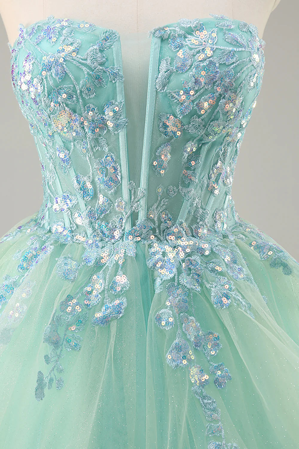 Green Tulle Sequin Deep V Neck Strapless A Line Corset Long Prom Dress With Floral Embroidery