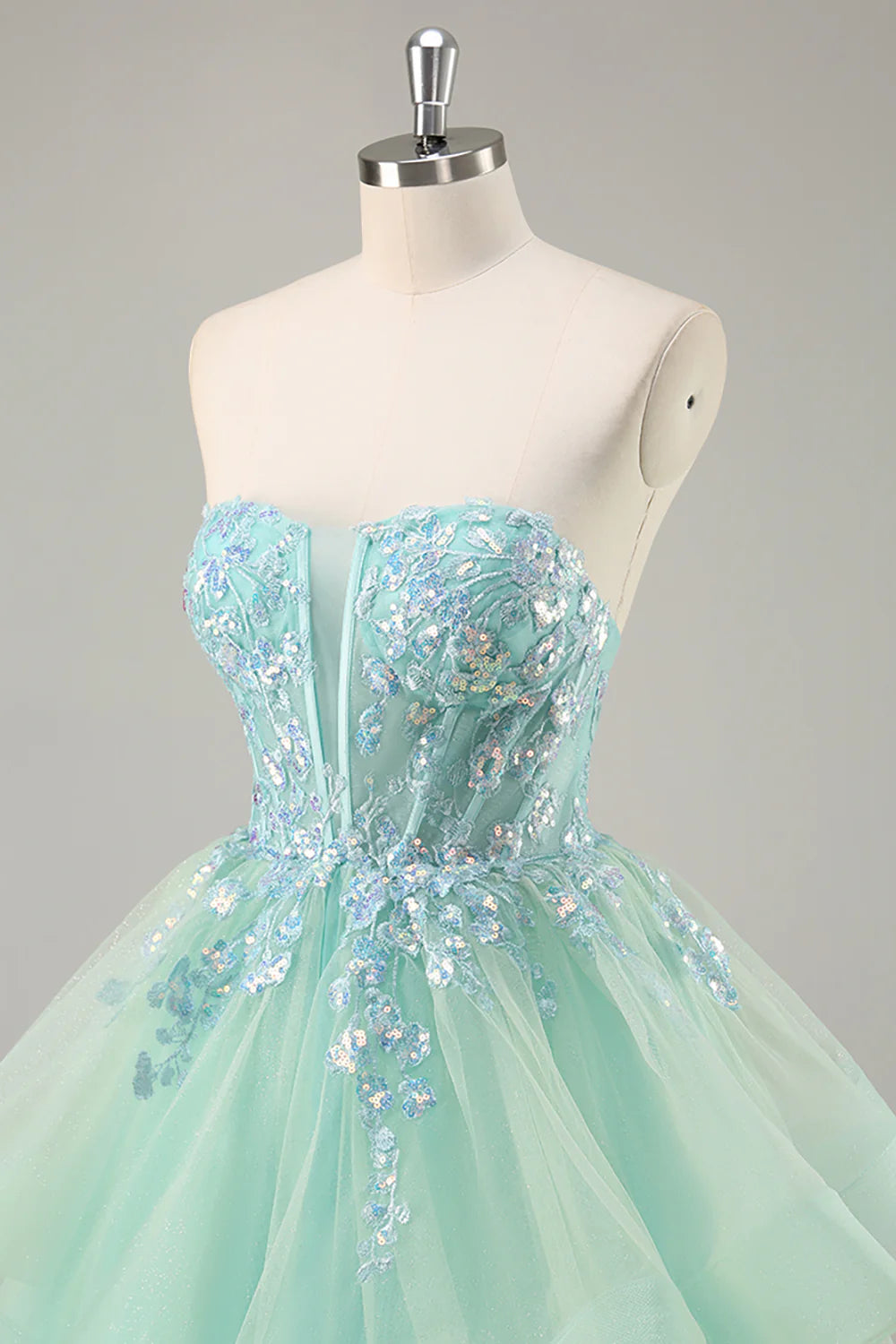 Green Tulle Sequin Deep V Neck Strapless A Line Corset Long Prom Dress With Floral Embroidery