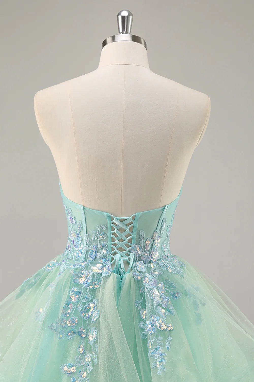 Green Tulle Sequin Deep V Neck Strapless A Line Corset Long Prom Dress With Floral Embroidery