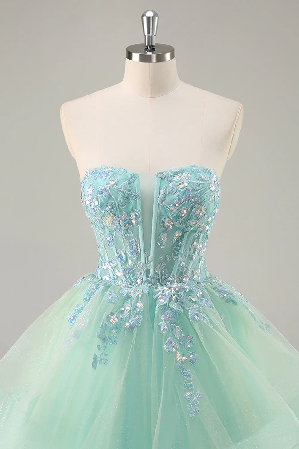 Green Tulle Sequin Deep V Neck Strapless A Line Corset Long Prom Dress With Floral Embroidery