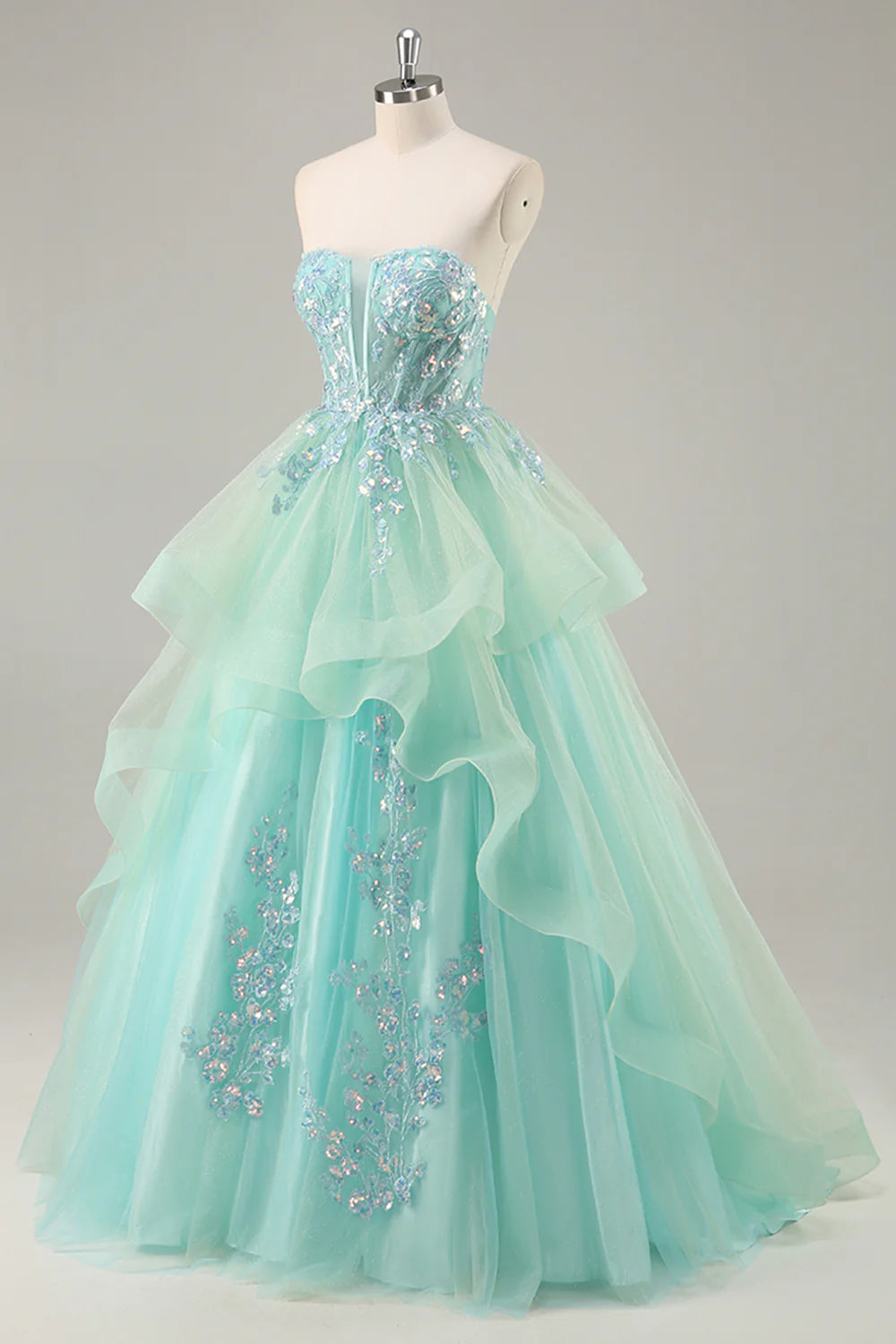 Green Tulle Sequin Deep V Neck Strapless A Line Corset Long Prom Dress With Floral Embroidery